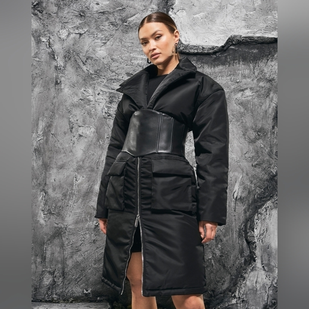 Maniere De Voir Black Puffer Jacket with Corset Detail